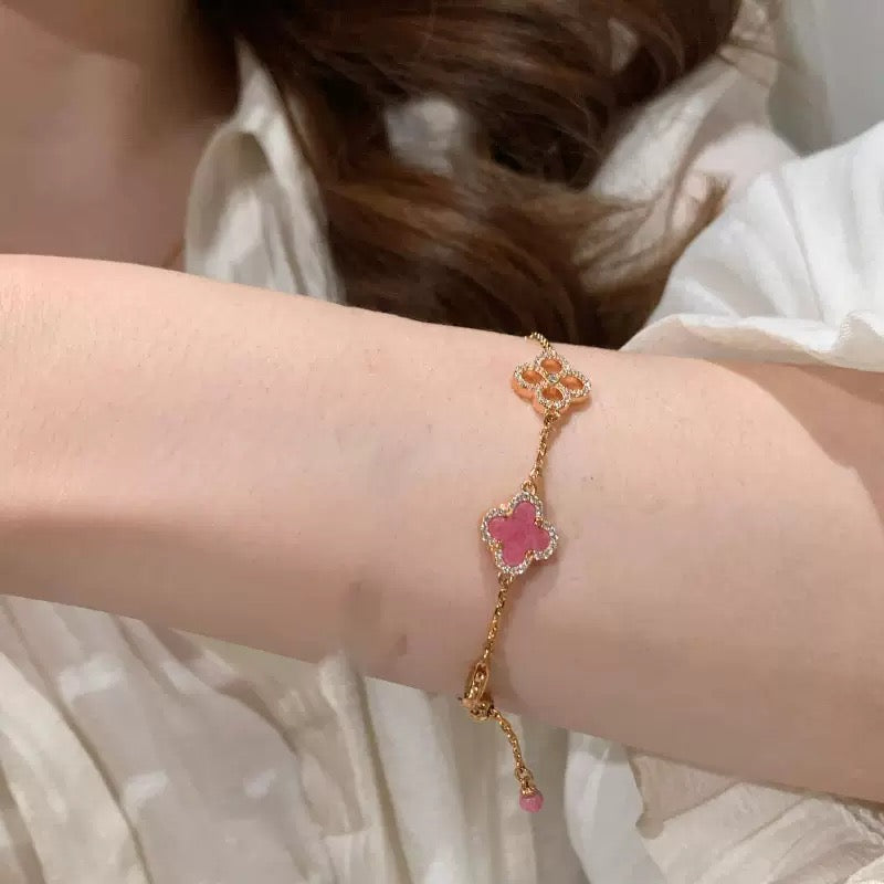 ローズピンクフラワーフラッシュダイヤモンドクローバーブレスレットネックレスイヤリングセット