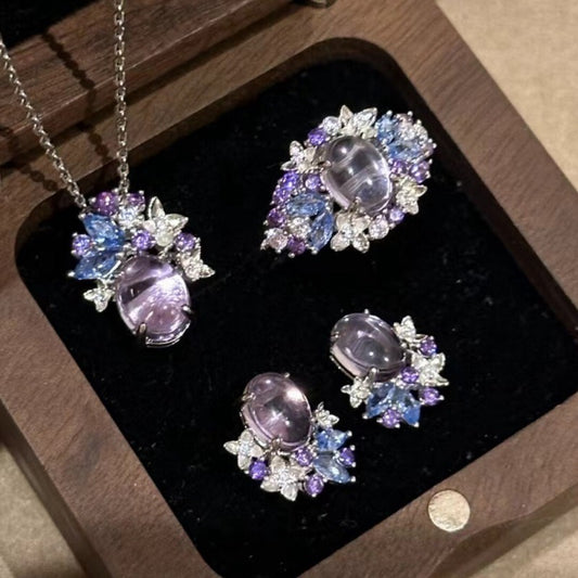Amethyst full-diamond necklace ring and earring set