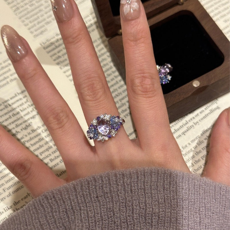 Amethyst full-diamond necklace ring and earring set