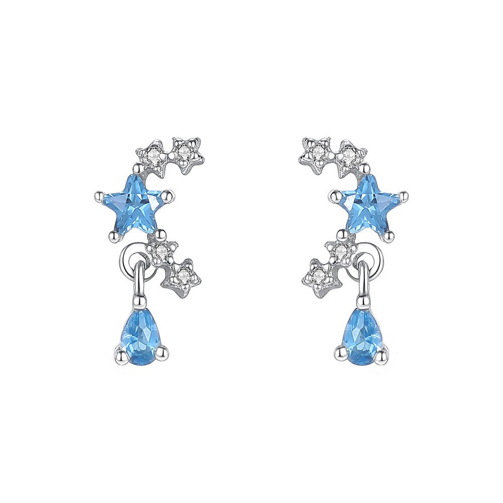 S999 Sterling Silver Earrings with Blue Spinel and White Zircon Plated in Rhodium