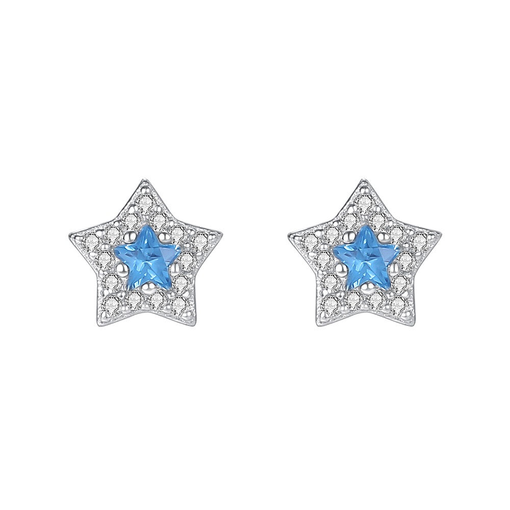 S999 Sterling Silver Earrings with Blue Spinel and White Zircon Plated in Rhodium