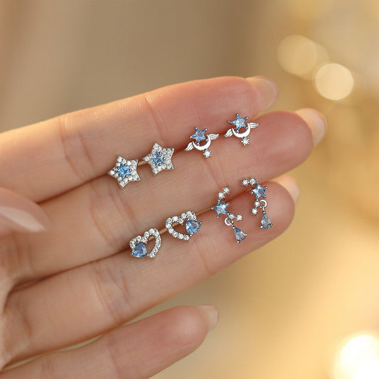 S999 Sterling Silver Earrings with Blue Spinel and White Zircon Plated in Rhodium