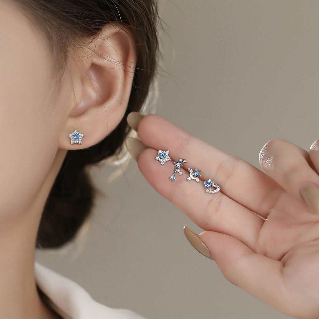 S999 Sterling Silver Earrings with Blue Spinel and White Zircon Plated in Rhodium