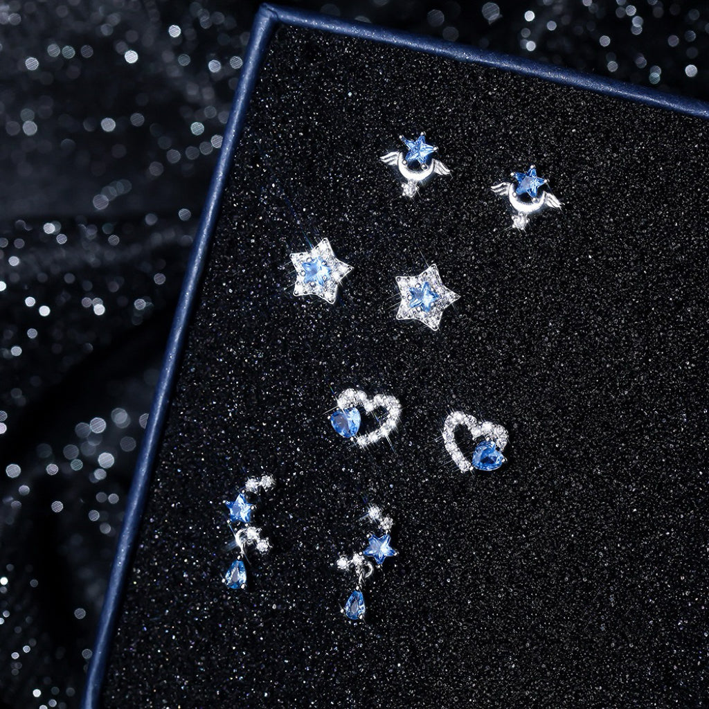 S999 Sterling Silver Earrings with Blue Spinel and White Zircon Plated in Rhodium