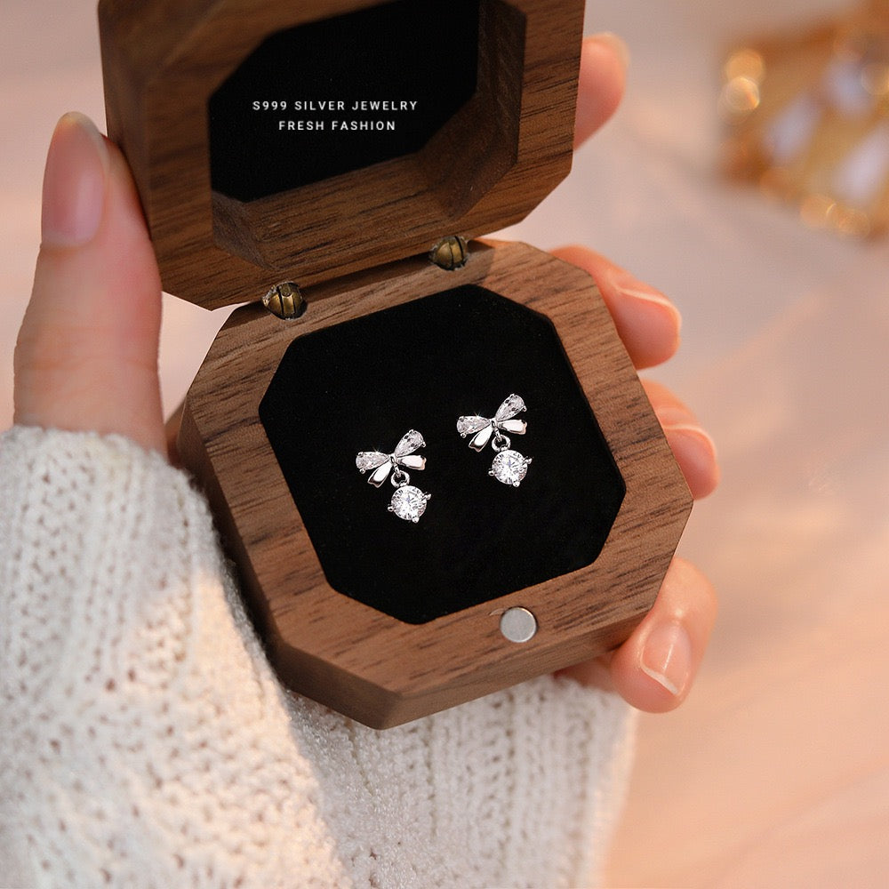 S999 Pure Silver Zircon Bow Earrings