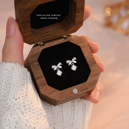 S999 Pure Silver Zircon Bow Earrings