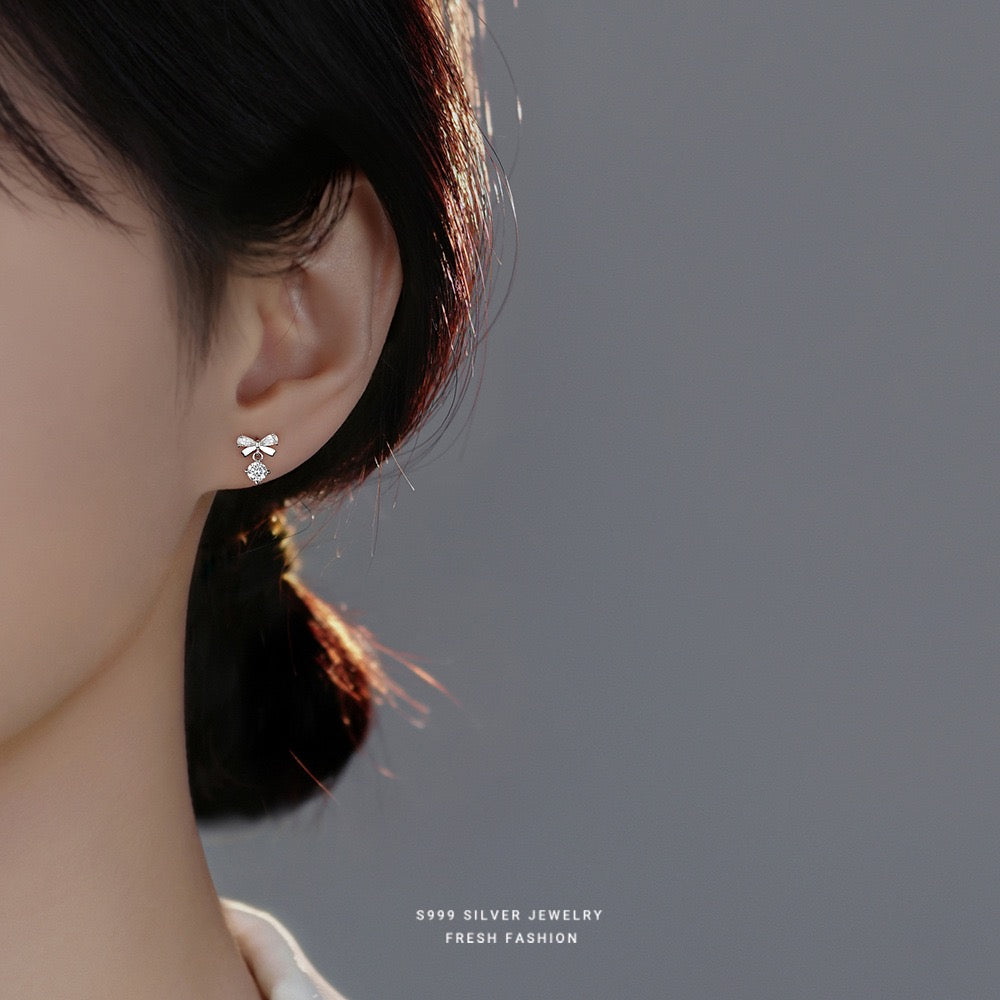 S999 Pure Silver Zircon Bow Earrings