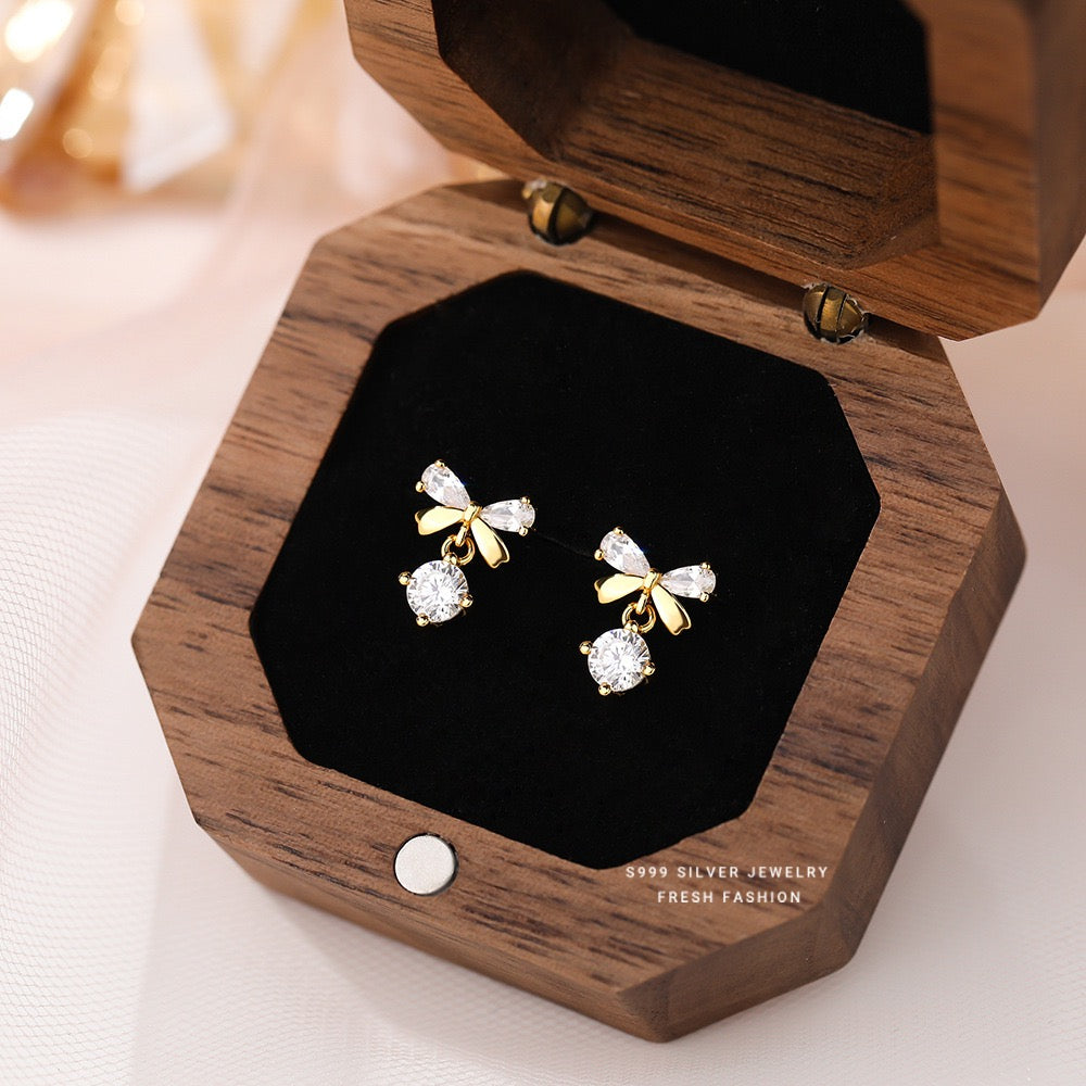 S999 Pure Silver Zircon Bow Earrings