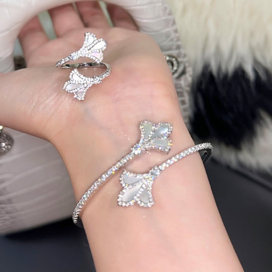 18K Gold Plated Zircon Mother-of-Pearl Iris Open Bracelet and Ring Set