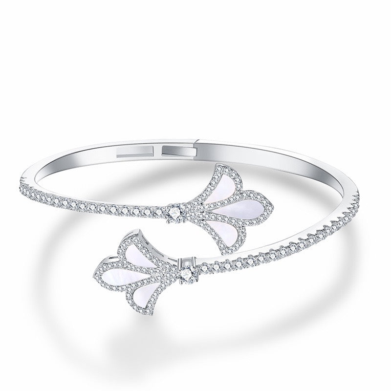 18K Gold Plated Zircon Mother-of-Pearl Iris Open Bracelet and Ring Set