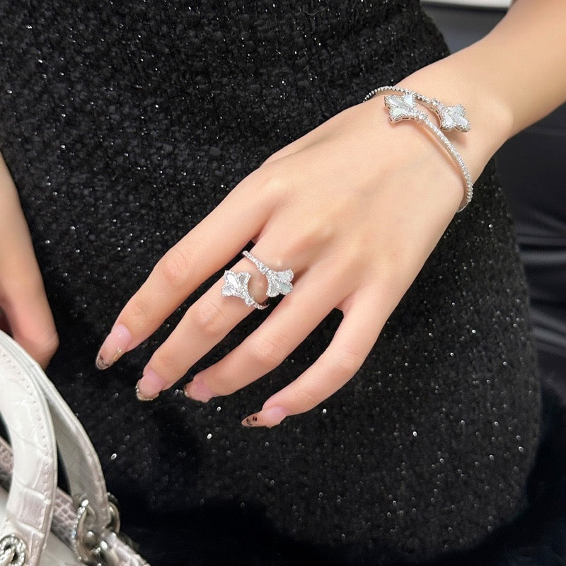 18K Gold Plated Zircon Mother-of-Pearl Iris Open Bracelet and Ring Set