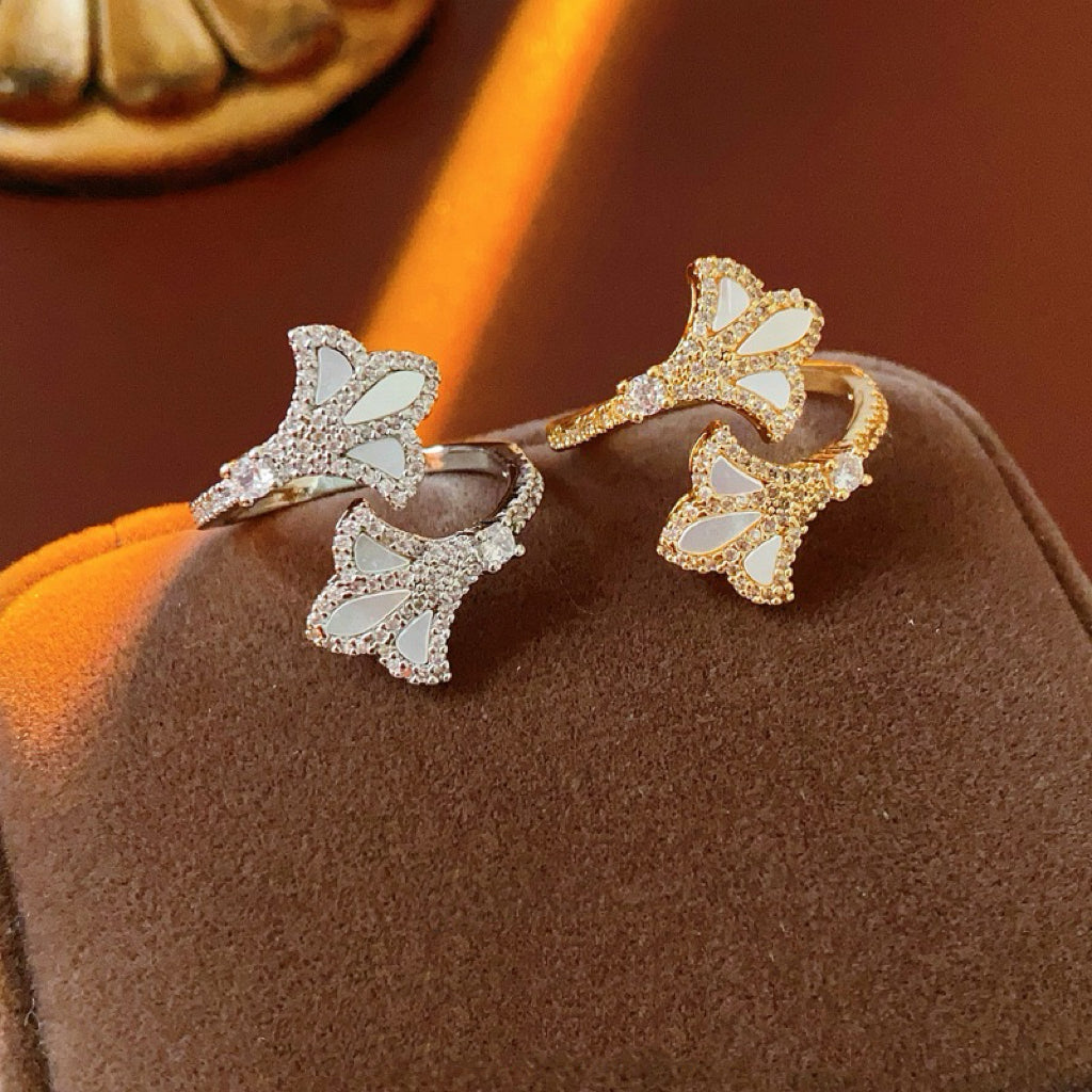 18K Gold Plated Zircon Mother-of-Pearl Iris Open Bracelet and Ring Set