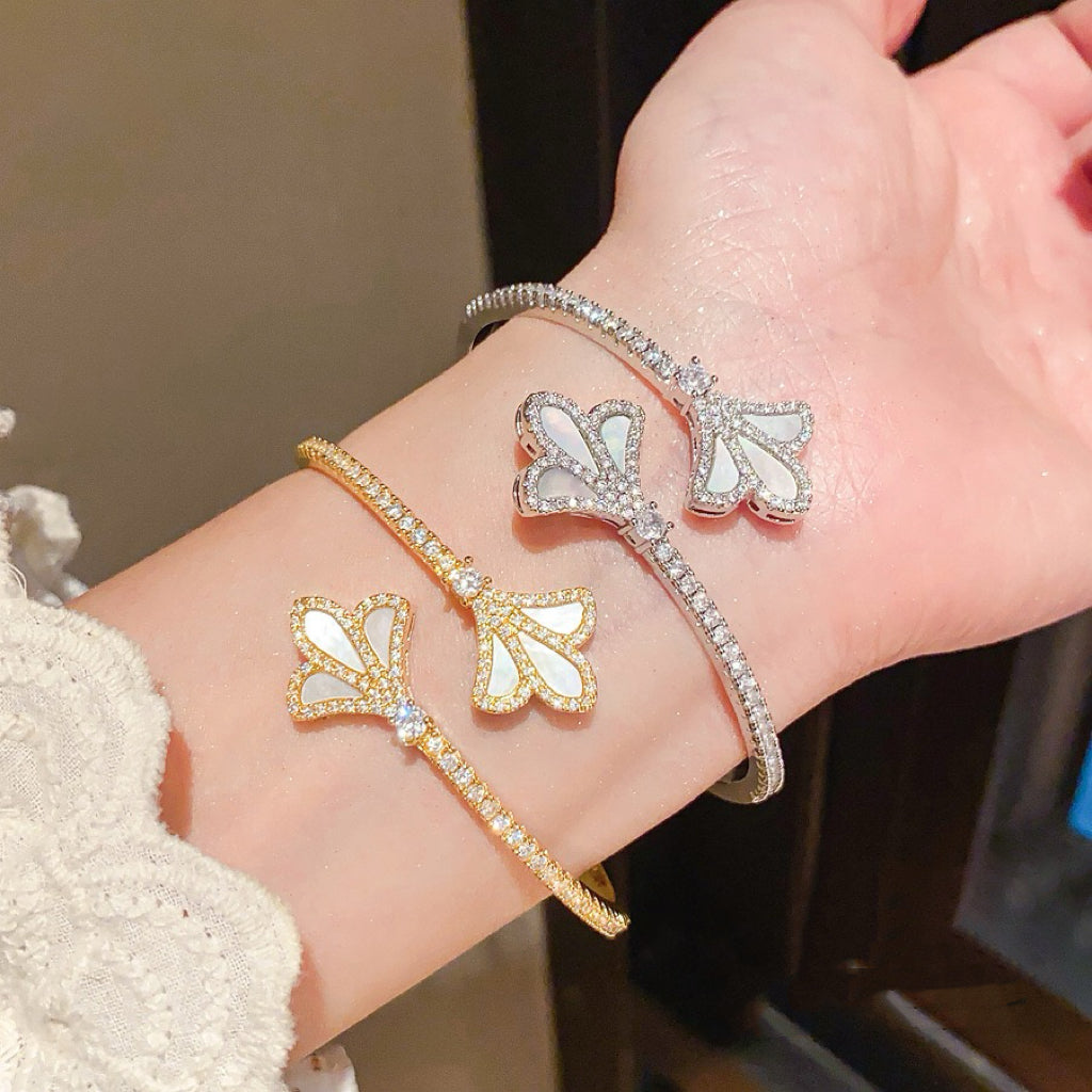 18K Gold Plated Zircon Mother-of-Pearl Iris Open Bracelet and Ring Set