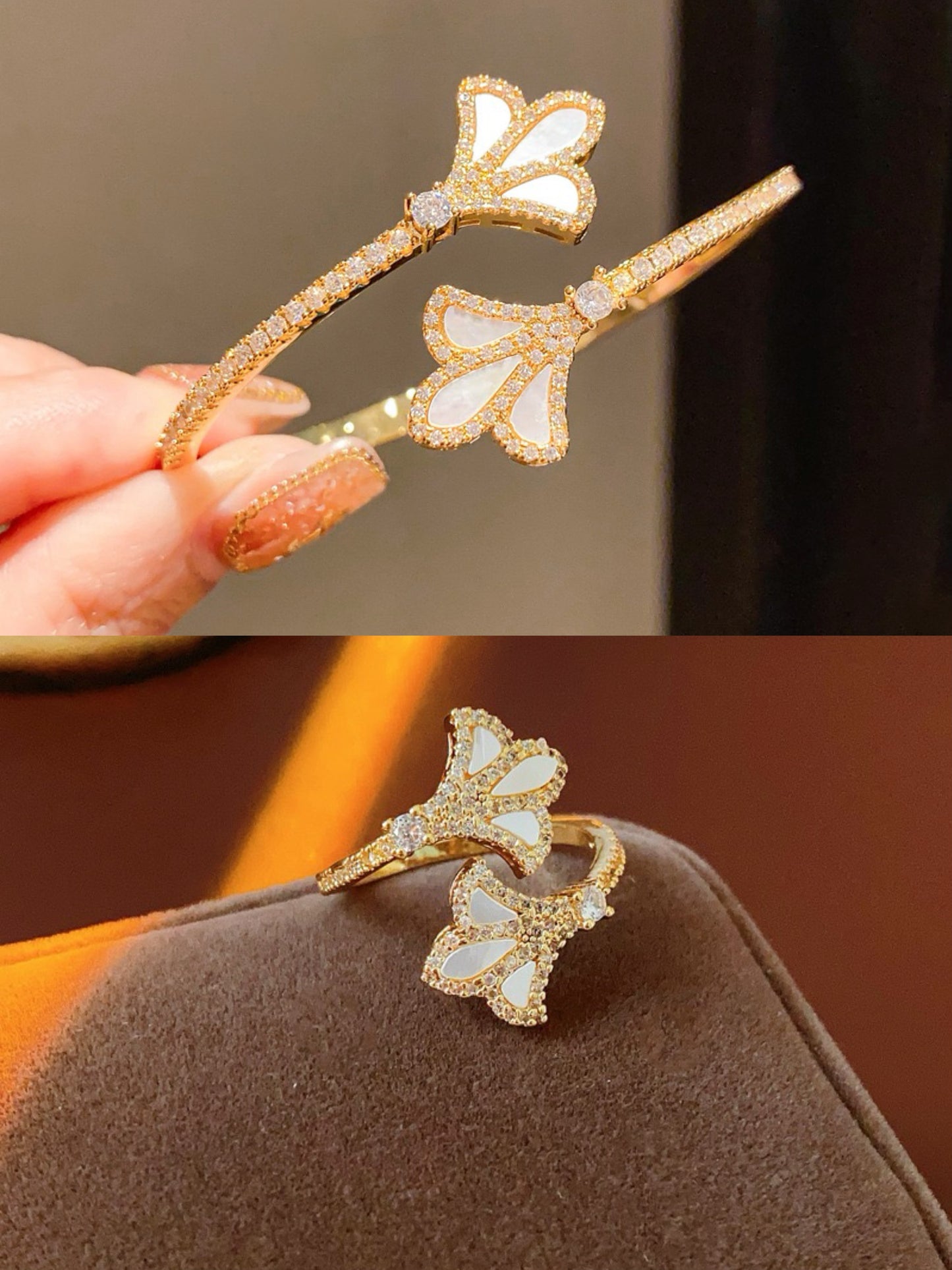 18K Gold Plated Zircon Mother-of-Pearl Iris Open Bracelet and Ring Set