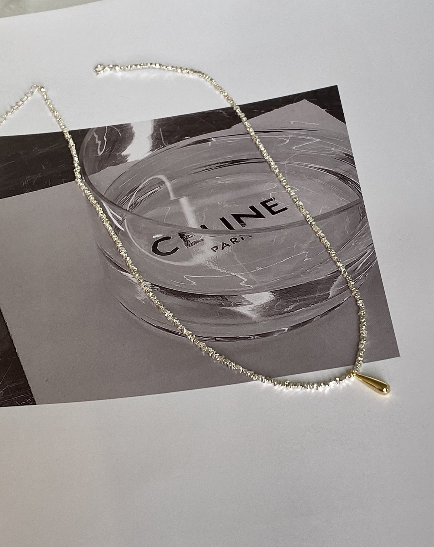 925 Broken Silver Golden Water Drop Cat Eye Necklace