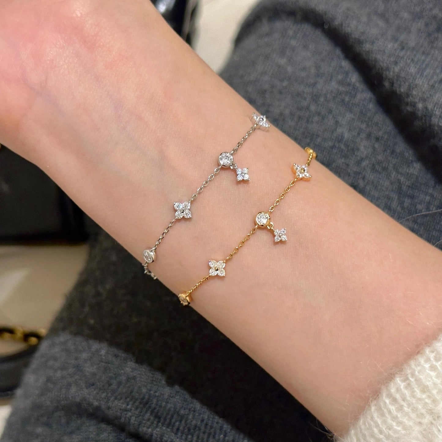 四つ葉のクローバータッセルジルコンS925スターリングシルバーブレスレット