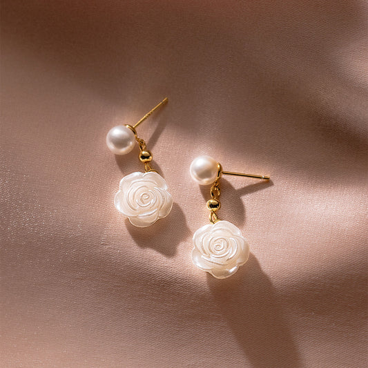 S925 Silver Pearl Mountain Camellia Flower Earrings