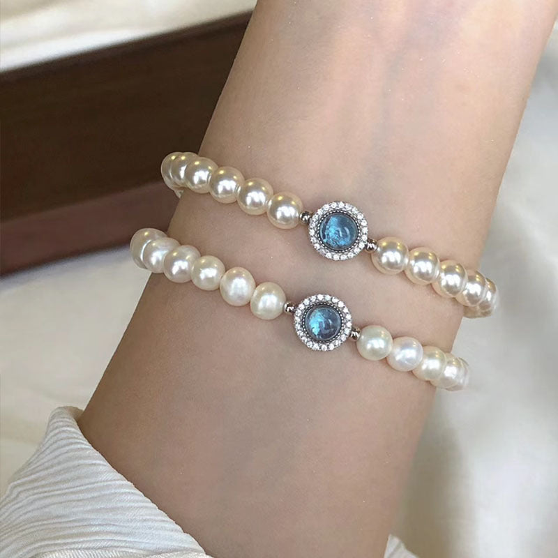 S925 Silver Natural Freshwater Pearl Sea Blue Mercury Bracelet