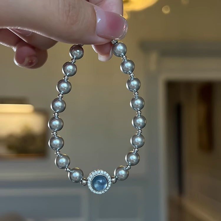 S925スターリングシルバーアクアマリンパールシングルダイヤモンドブレスレット