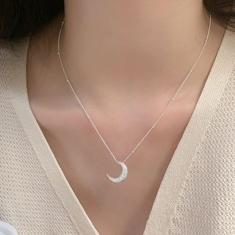 S925 Sterling Silver Texture Lava Moon Necklace