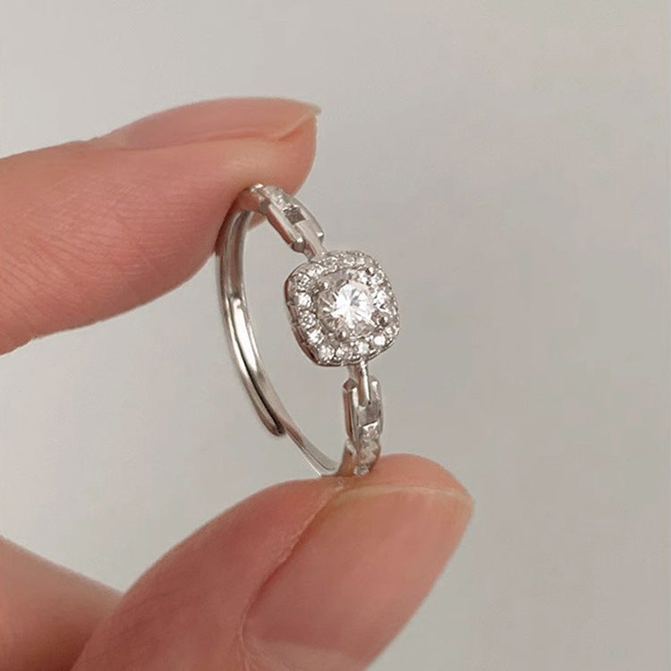 S925 Sterling Silver Zircon Square Diamond Chain Ring