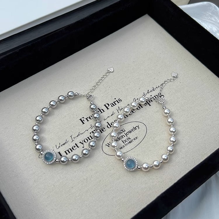 S925スターリングシルバーアクアマリンパールシングルダイヤモンドブレスレット