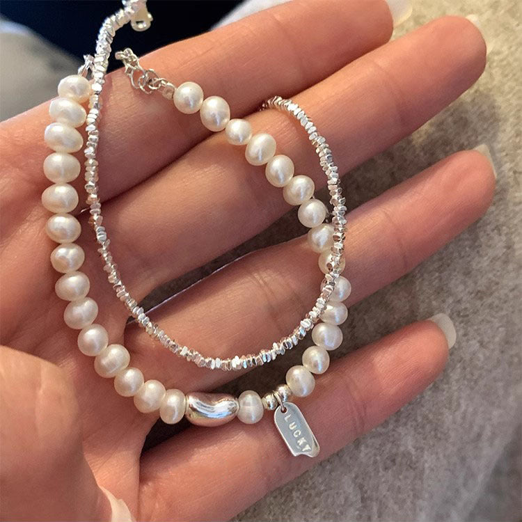 925スターリングシルバーのLUCKYスクエア淡水パールブレスレット