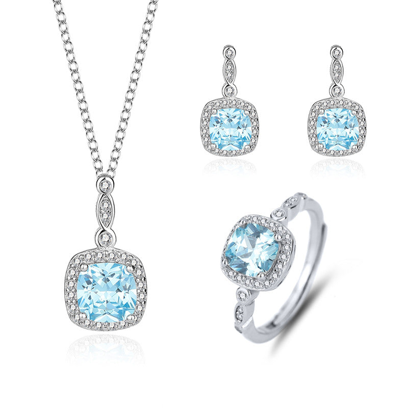 S925 Sterling Silver Ocean heart blue gem ring necklace Earrings