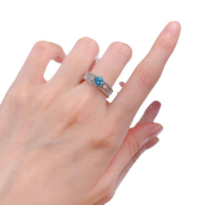 S925 Silver One Carat Sea Blue Diamond Fireworks Cutting Ring