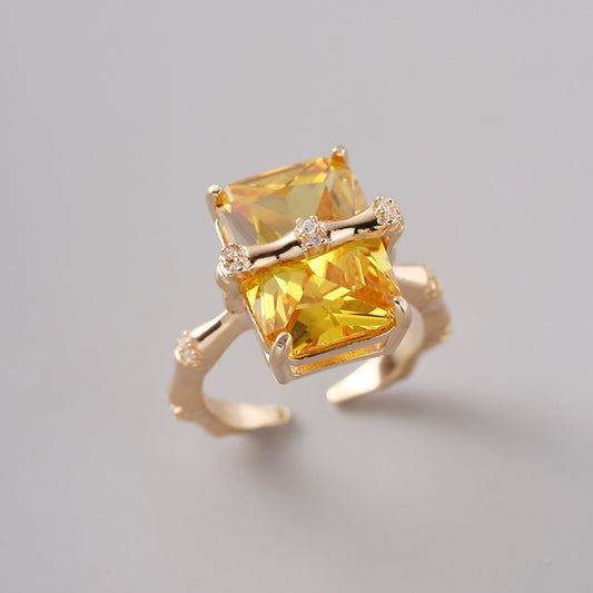 925 sterling silver square citrine bamboo zircon ring