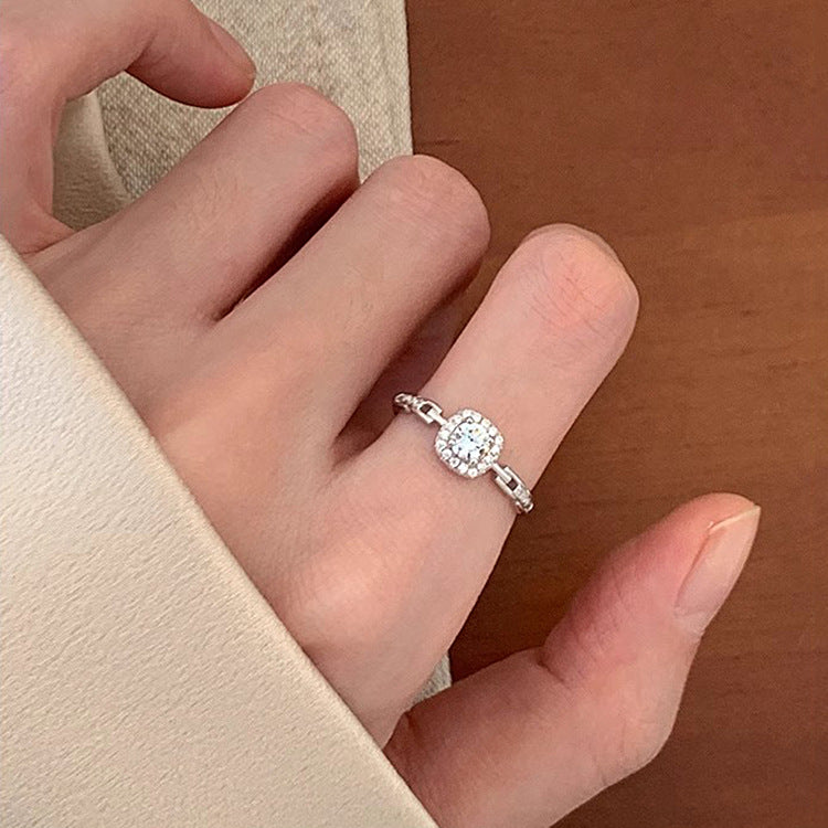 S925 Sterling Silver Zircon Square Diamond Chain Ring