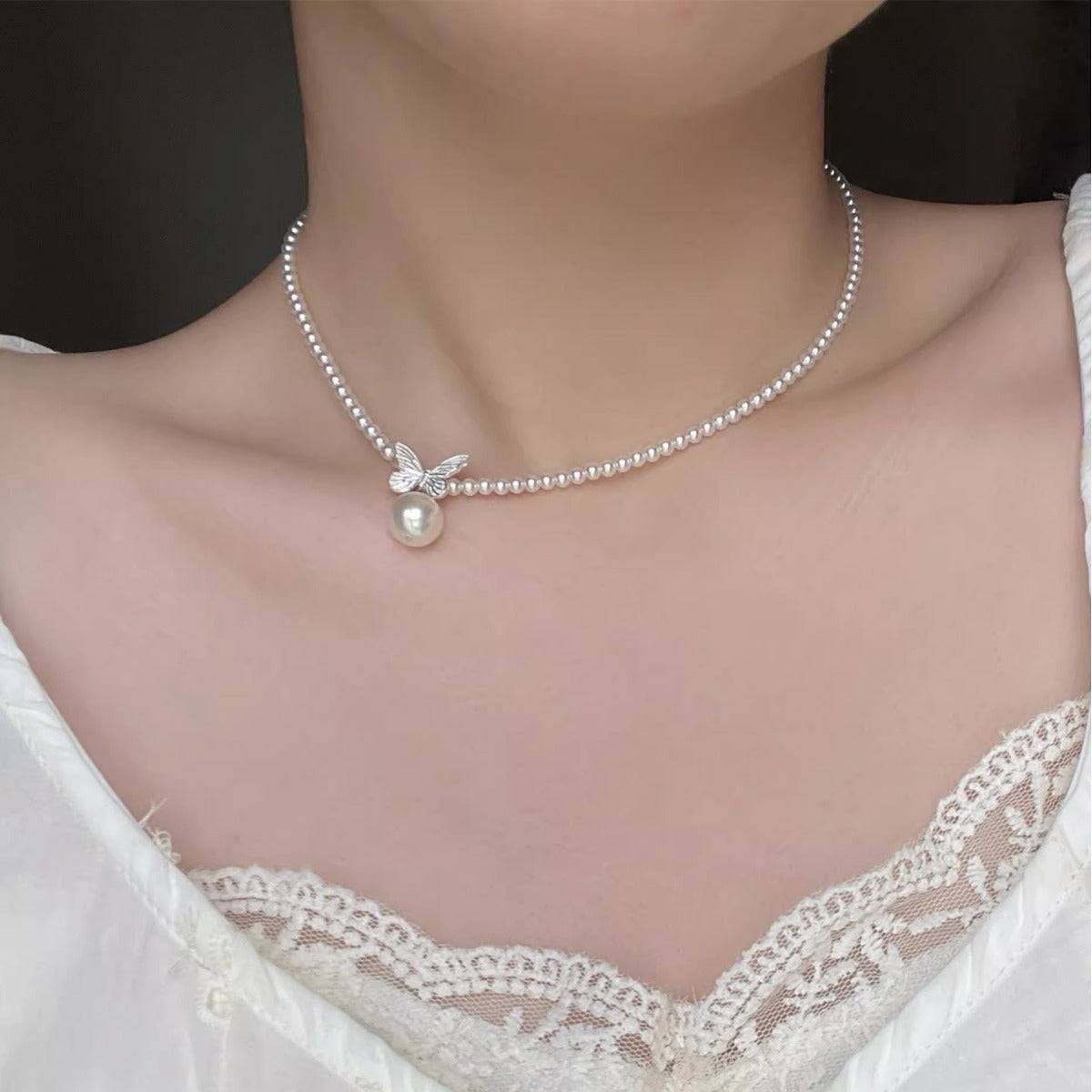 S925 Sterling Silver Pearl Butterfly Necklace