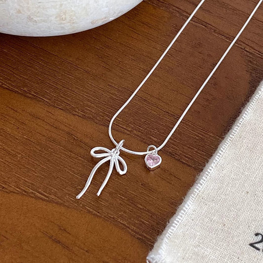 S925 Sterling Silver Bow Pink Diamond Love Necklace