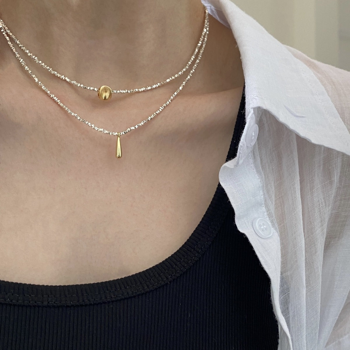 925 Broken Silver Golden Water Drop Cat Eye Necklace