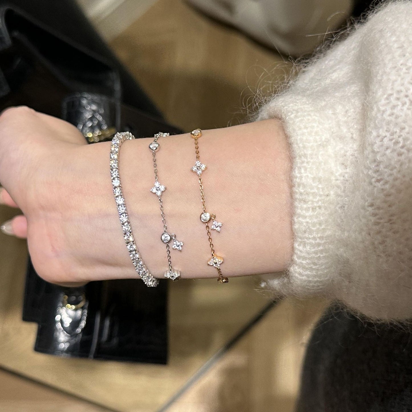 四つ葉のクローバータッセルジルコンS925スターリングシルバーブレスレット