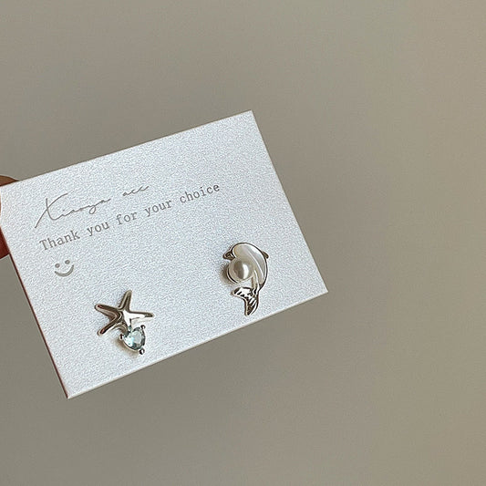 Asymmetric Fritillaria Dolphin Zircon Starfish Earrings