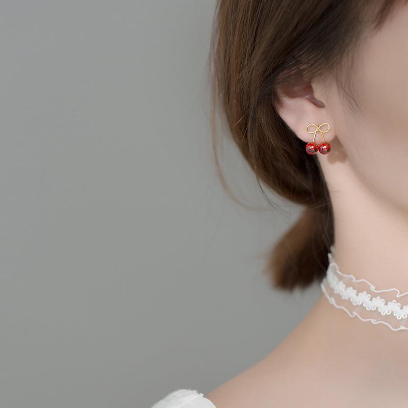 S925 silver red cherry earrings