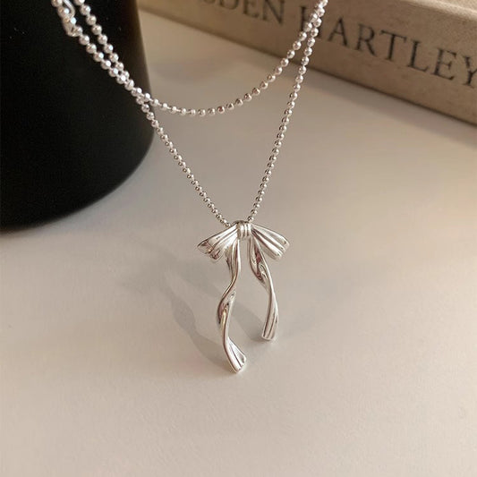 S925 Sterling Silver Ribbon Bow Necklace