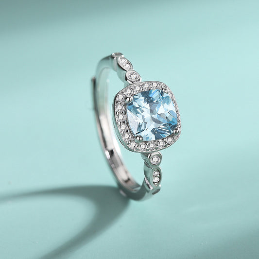 S925 Sterling Silver Ocean heart blue gem ring necklace Earrings