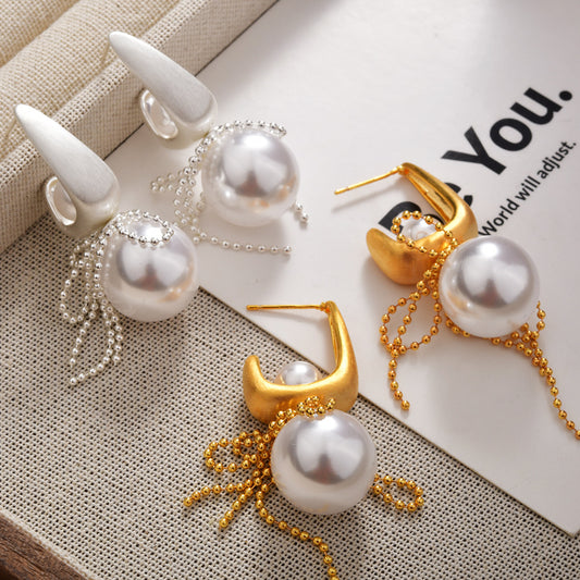 Brushed Pearl Bow Lace Tassel Earrings