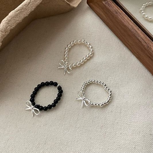 S925 Sterling Silver Bow Beaded Ring