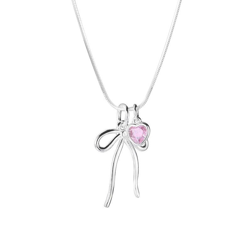 S925 Sterling Silver Bow Pink Diamond Love Necklace