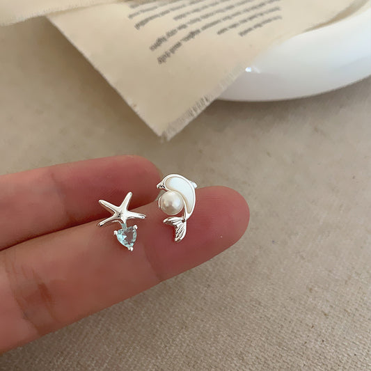 Asymmetric Fritillaria Dolphin Zircon Starfish Earrings
