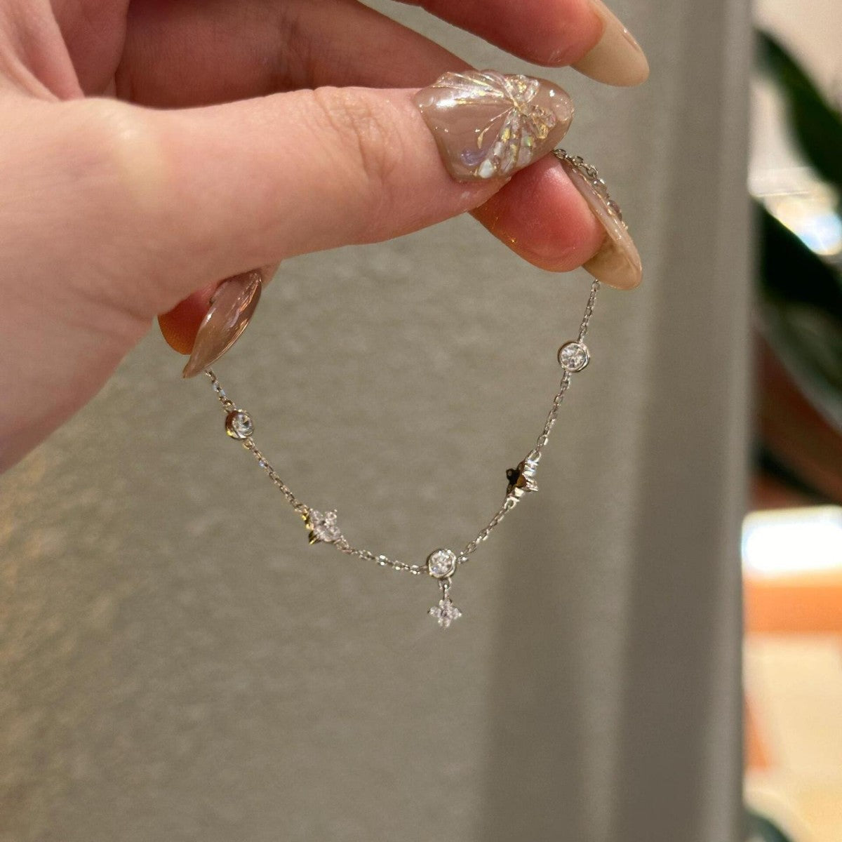 四つ葉のクローバータッセルジルコンS925スターリングシルバーブレスレット