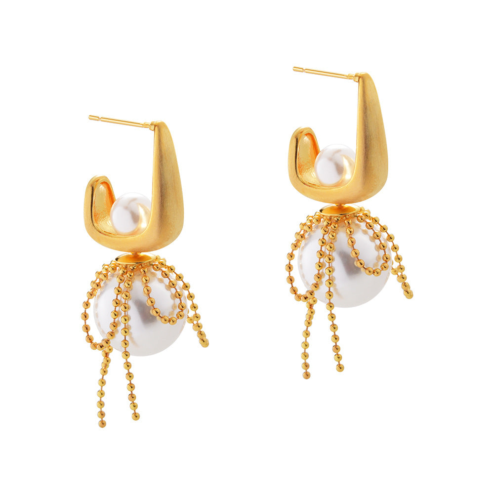 Brushed Pearl Bow Lace Tassel Earrings