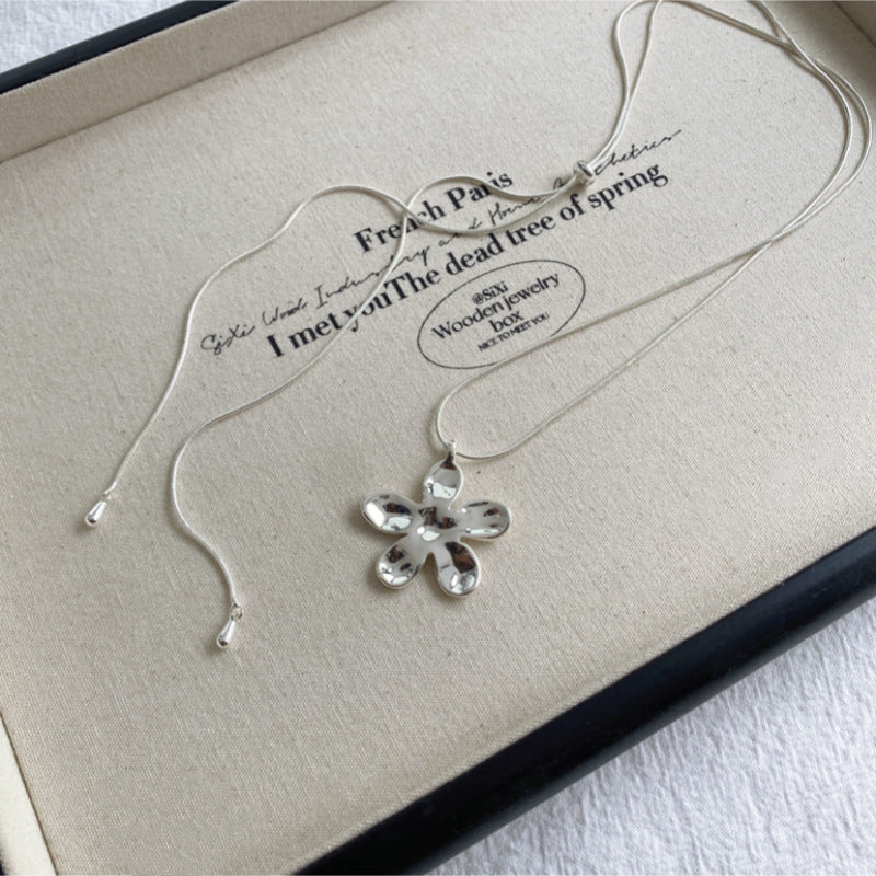 Silver Flower Sweater Chain Necklace