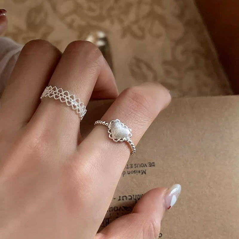 S925 pure silver brushed heart lace lace open ring
