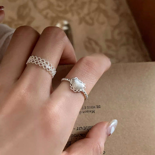 S925 pure silver brushed heart lace lace open ring