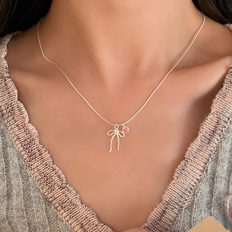 S925 Sterling Silver Bow Pink Diamond Love Necklace
