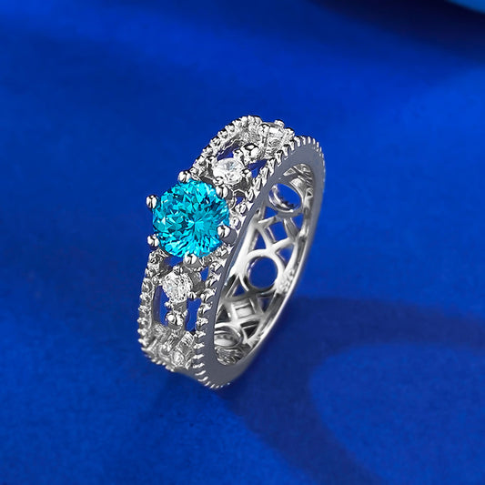 S925 Silver One Carat Sea Blue Diamond Fireworks Cutting Ring